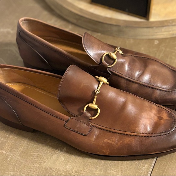 Pre-owned Gucci Brown Leather Loafers with Gold Bit - Picture 1 of 7